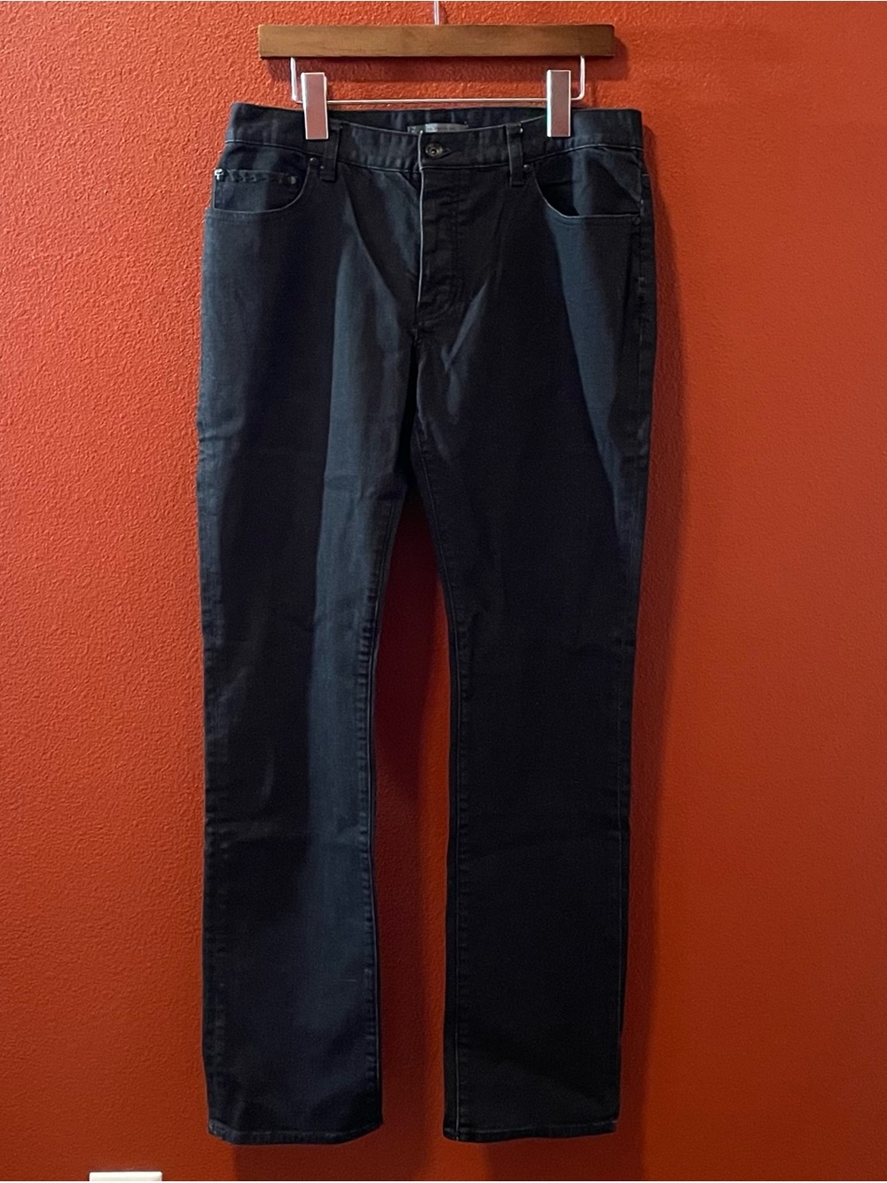 John Varvatos Men’s Classic Black Regular Fit Button Fly Skull On Pocket Jeans